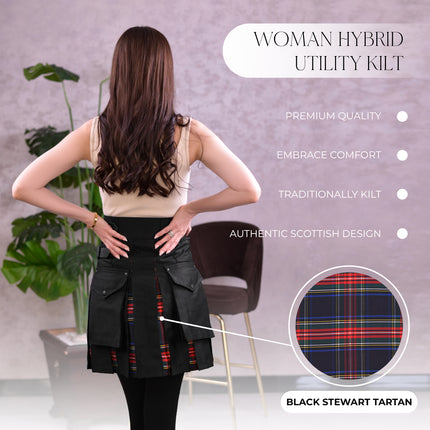 Women's Hybrid Utility Kilt in Black Stewart Tartan