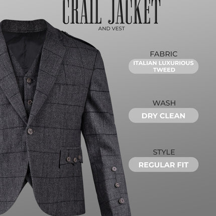 Grey Crail Jacket and Vest - Grey Check  -  Italian Tweed Wool | Scottish Formalwear