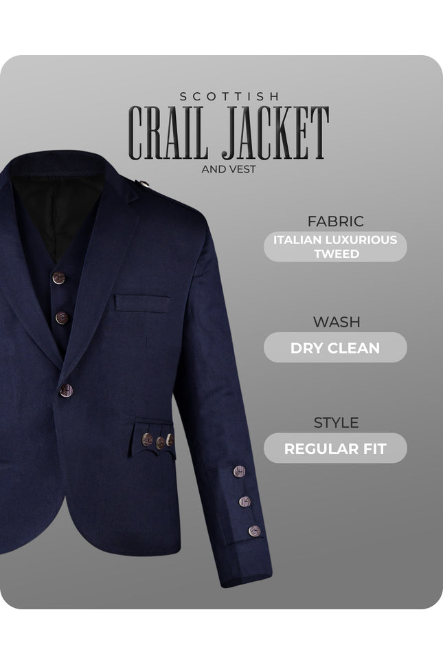 Navy Blue Crail Jacket & Vest  -  Italian Tweed Wool | Scottish Formalwear