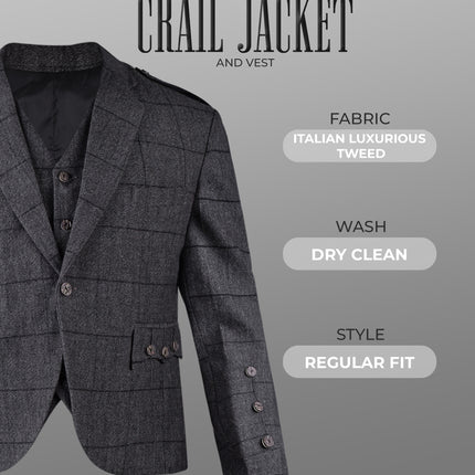 Charcoal Grey Crail Jacket & Vest – Italian Tweed Wool | Scottish Formalwear