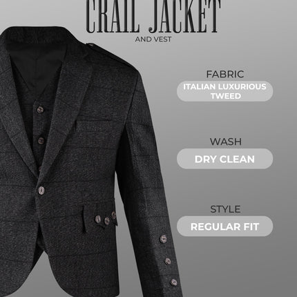 Charcoal Grey Crail Jacket and Vest - Self Check  -  Italian Tweed Wool | Scottish Formalwear