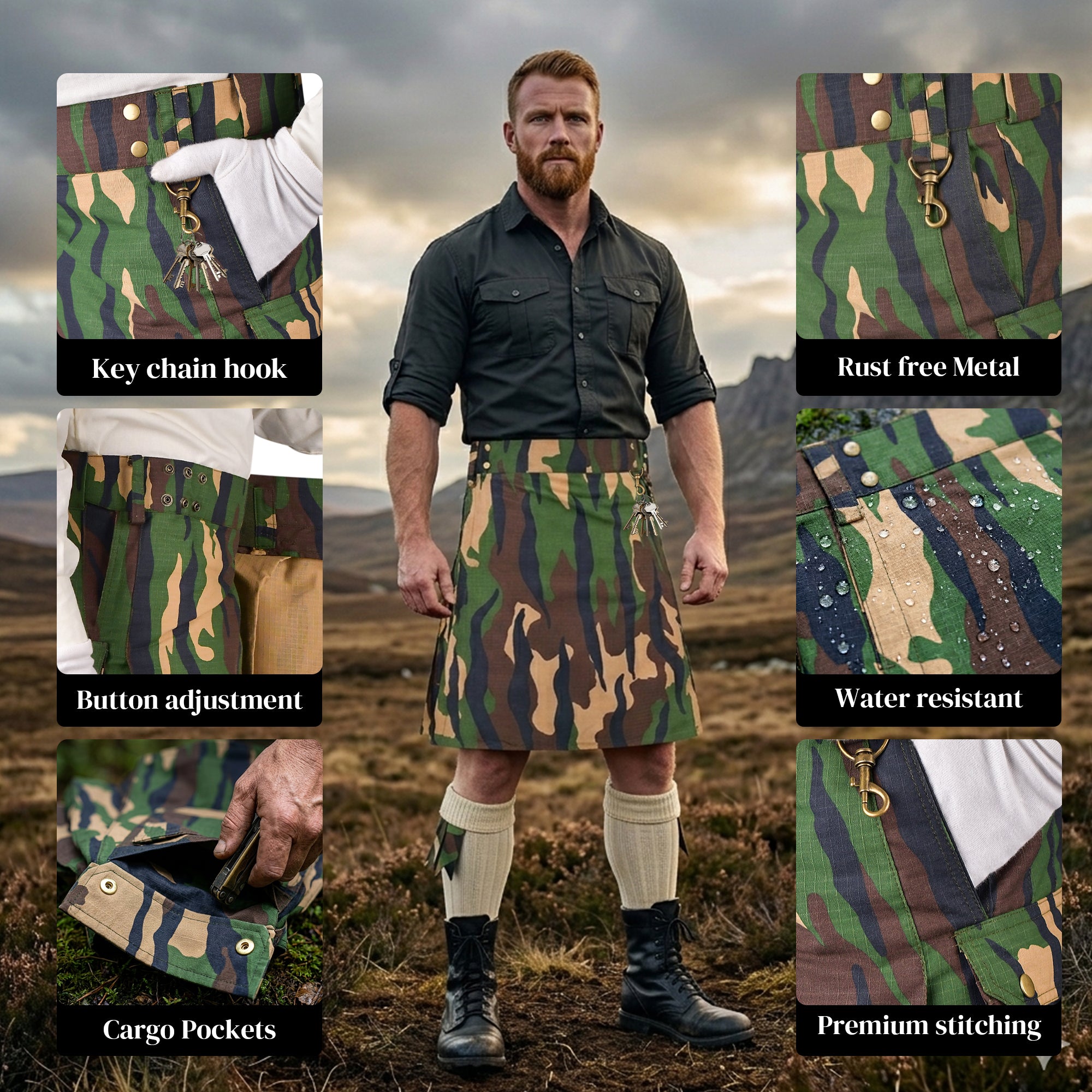 Kilt Feature StoneGringe Men’s Camouflage Utility Kilt - Rugged Ripstop Cotton tact ...