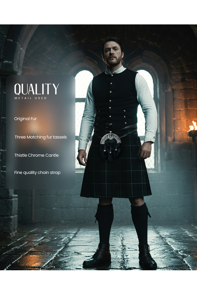 Formal Black Rabbit Fur Sporran with Thistle  Chrome Cantle