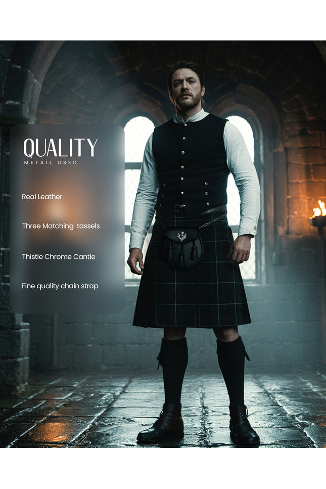 Semi Dress Leather Sporran w/ Thistle Badge I Black Plain