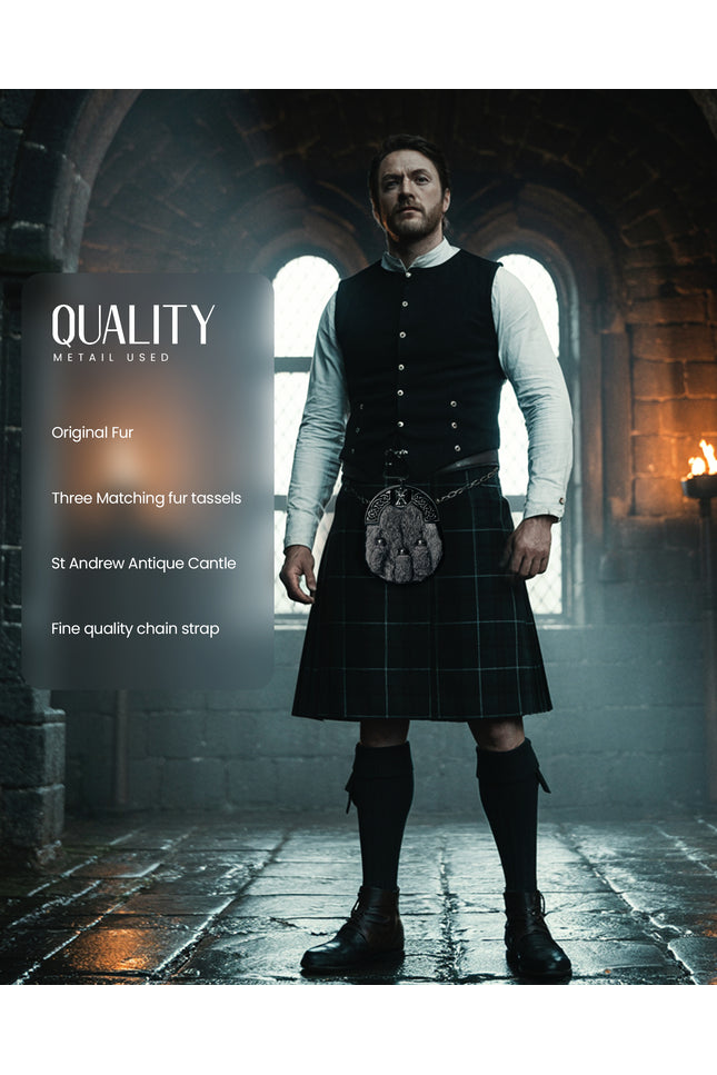 Formal Gray Rabbit Fur Sporran with St. Andrew Antique Cantle