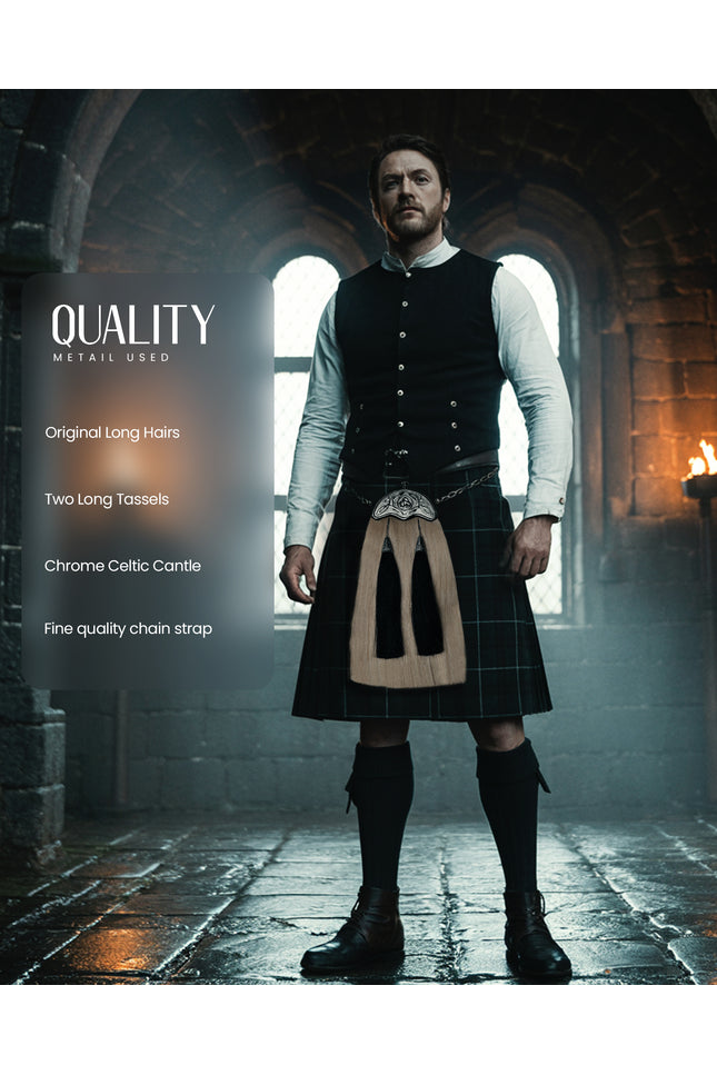 Full Dress Horse Hair Sporran with Celtic Chrome Cantle