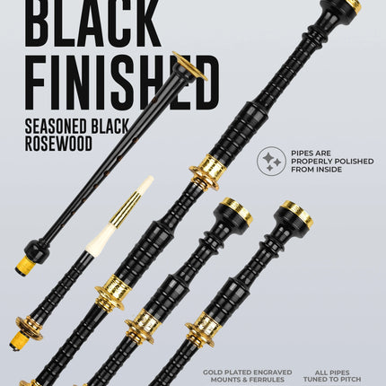 Full Size Rosewood  Bagpipe| Lead-Free Glossy Black Finish | Gold-Engraved Mounts & Ferrules | Hard Case | Premium Reeds + FREE Practice Chanter