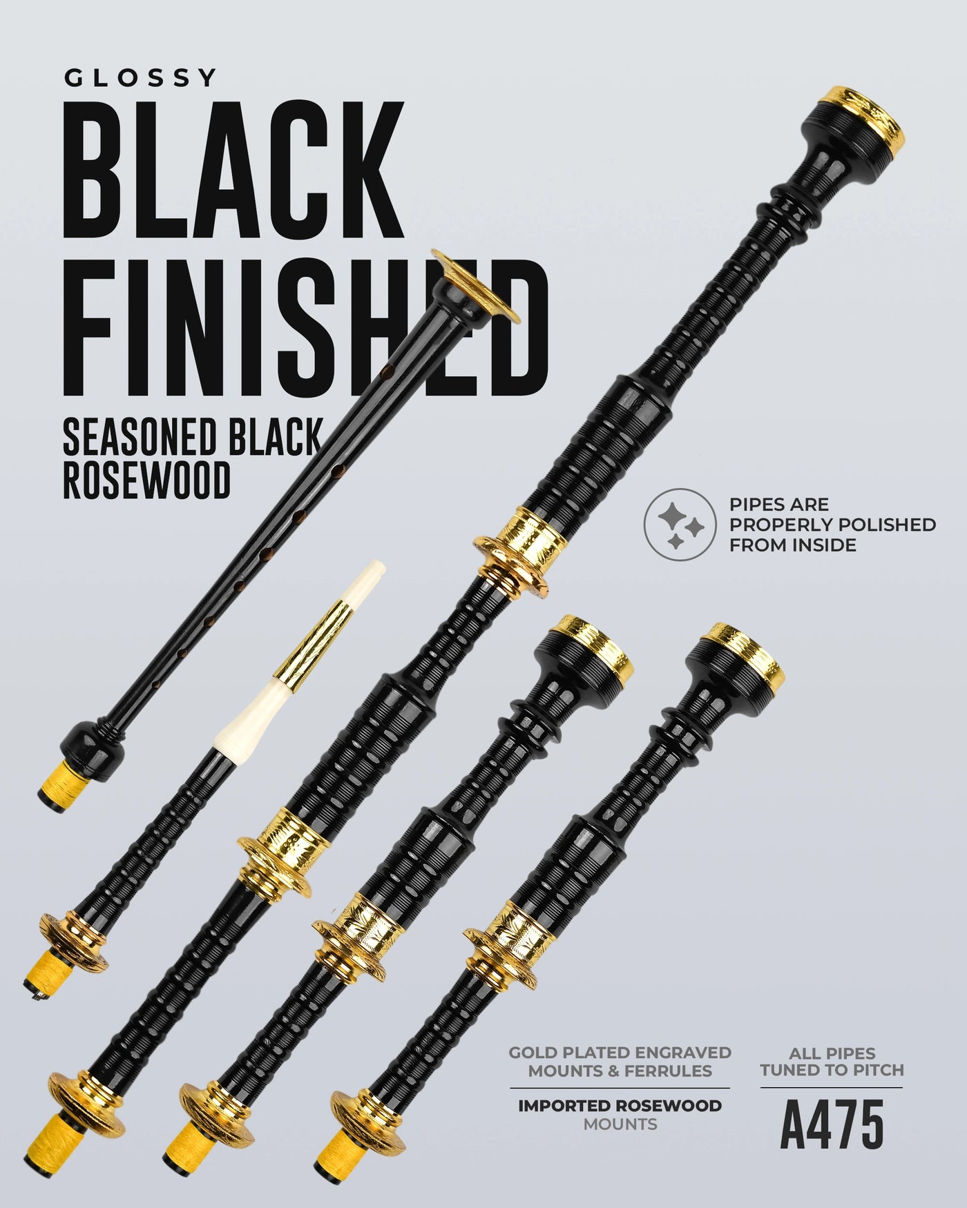 Full Size Rosewood  Bagpipe| Lead-Free Glossy Black Finish | Gold-Engraved Mounts & Ferrules | Hard Case | Premium Reeds + FREE Practice Chanter