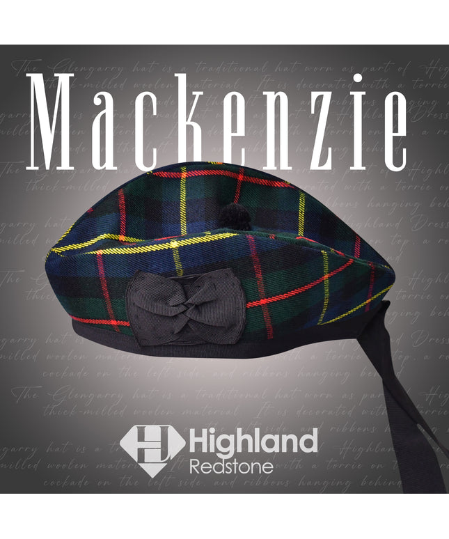 Mackenzie Glengarry hat with deep blue and green tartan pattern