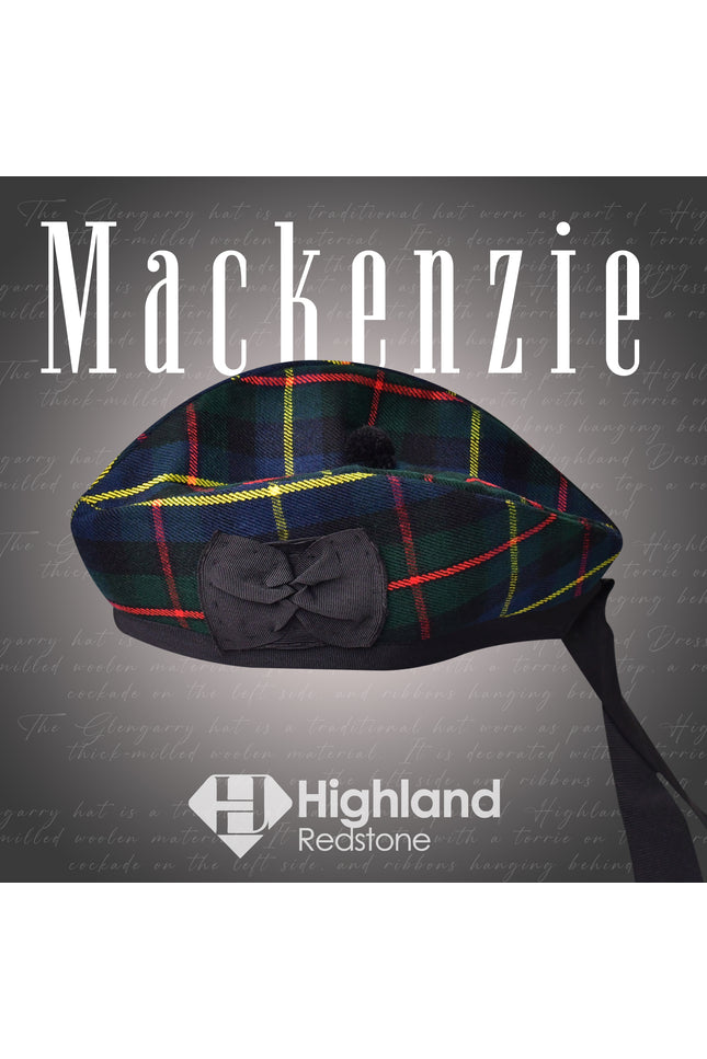 Mackenzie Glengarry hat with deep blue and green tartan pattern