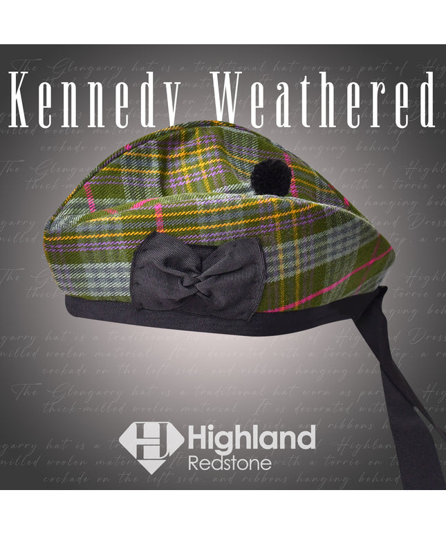 Kennedy Weathered Glengarry featuring muted grey, blue, and green tartan pattern, perfect for traditional Scottish wear.