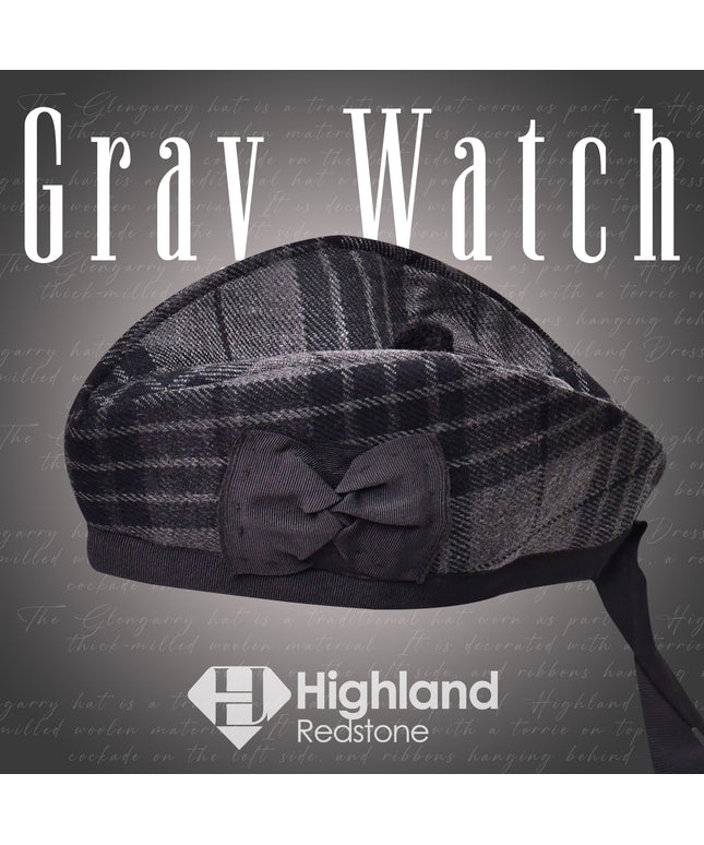 Gray Watch Glengarry featuring the gray and black tartan pattern of the Watch Clan, crafted from high-quality materials.