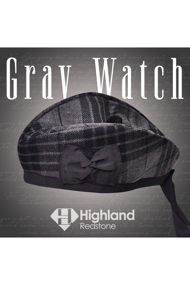 Gray Watch Glengarry featuring the gray and black tartan pattern of the Watch Clan, crafted from high-quality materials.