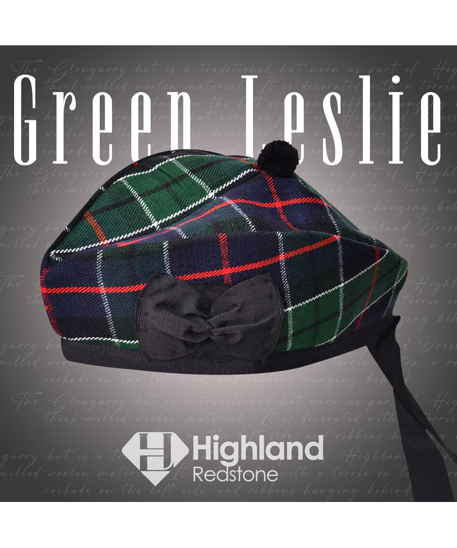 Green Leslie Glengarry featuring the green and blue tartan pattern of the Leslie Clan, crafted from high-quality materials.