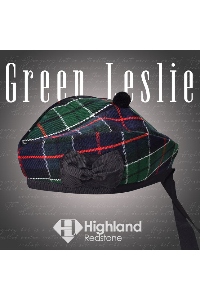 Green Leslie Glengarry featuring the green and blue tartan pattern of the Leslie Clan, crafted from high-quality materials.