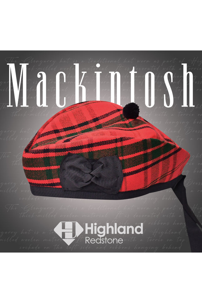 Mackintosh Glengarry hat with classic black, white, and red tartan pattern