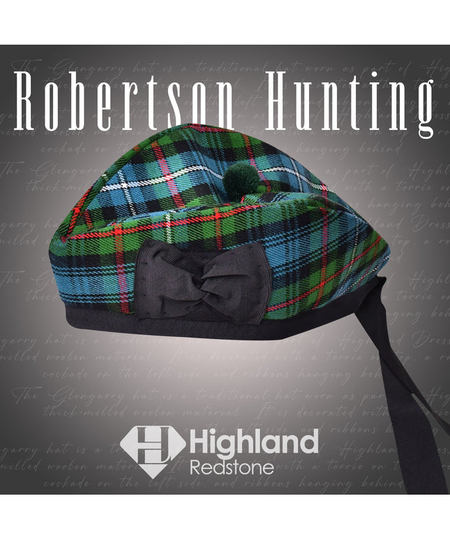 Discover the Robertson Hunting Glengarry, featuring the distinguished green and blue Robertson tartan. Perfect for formal and casual wear, this high-quality Glengarry celebrates Scottish heritage.