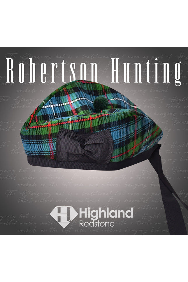 Discover the Robertson Hunting Glengarry, featuring the distinguished green and blue Robertson tartan. Perfect for formal and casual wear, this high-quality Glengarry celebrates Scottish heritage.