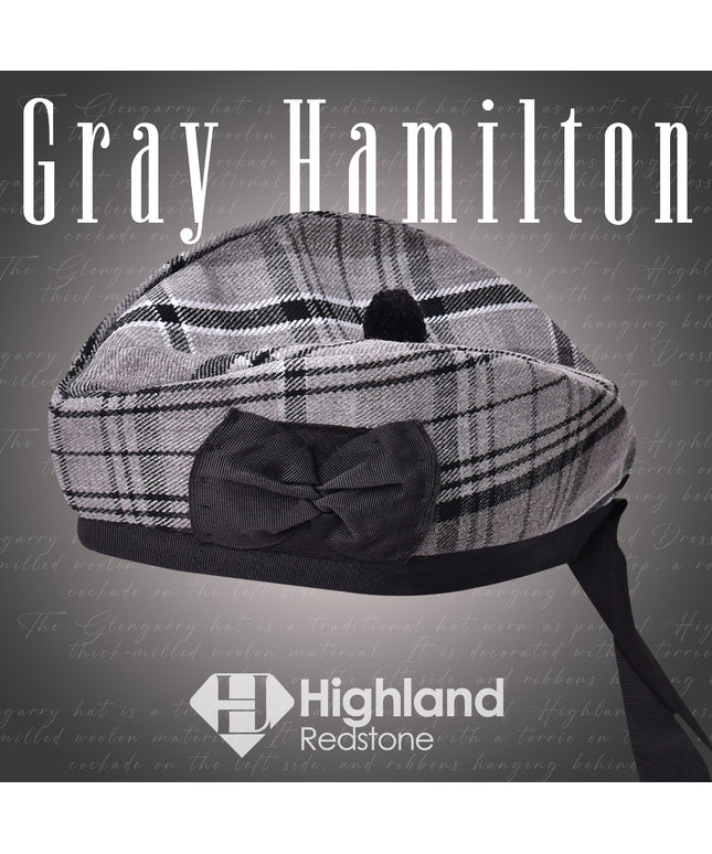 Gray Hamilton Glengarry featuring the gray, black, and white tartan pattern of the Hamilton Clan, crafted from high-quality materials.