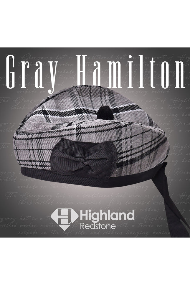 Gray Hamilton Glengarry featuring the gray, black, and white tartan pattern of the Hamilton Clan, crafted from high-quality materials.