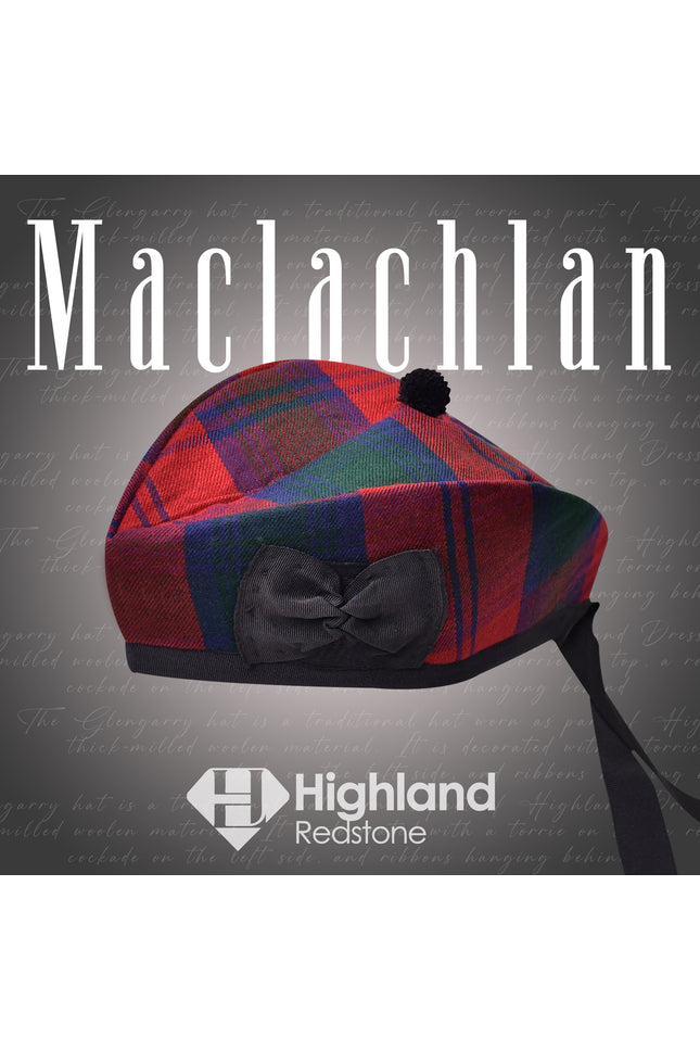 Maclachlan Glengarry hat with red, yellow, and black tartan pattern
