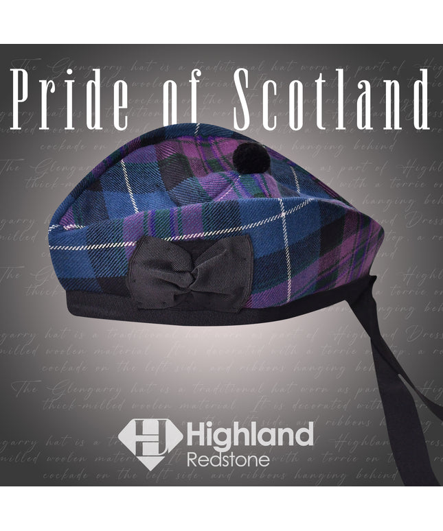 Pride of Scotland Glengarry hat featuring the elegant and vibrant Pride of Scotland tartan pattern