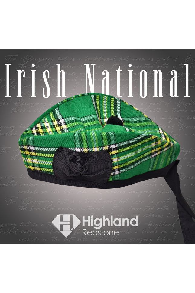 Irish National Glengarry featuring traditional Irish tartan in green, blue, and gold hues.