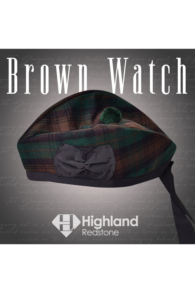  Brown watch and Glengarry hat set on display. Perfect accessories to elevate your Scottish style.