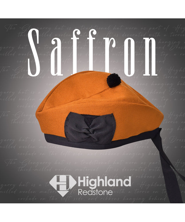 Saffron Glengarry hat with traditional ribbons and vibrant saffron color