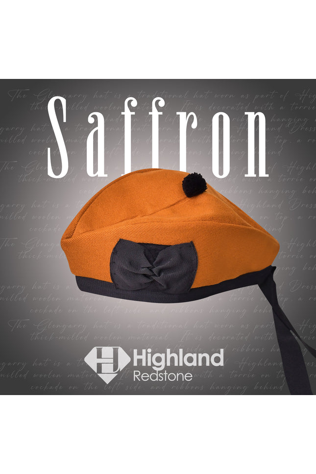 Saffron Glengarry hat with traditional ribbons and vibrant saffron color