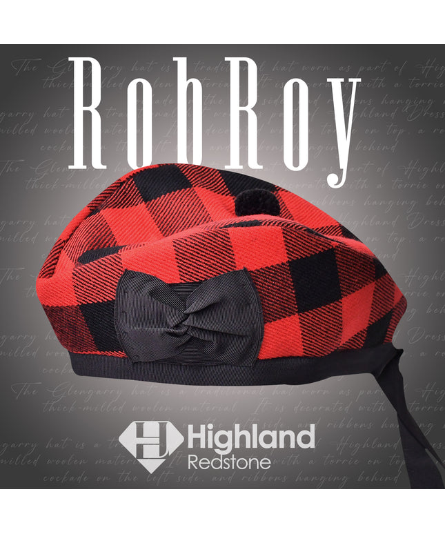 Rob Roy Glengarry hat featuring the iconic red and black Rob Roy tartan pattern