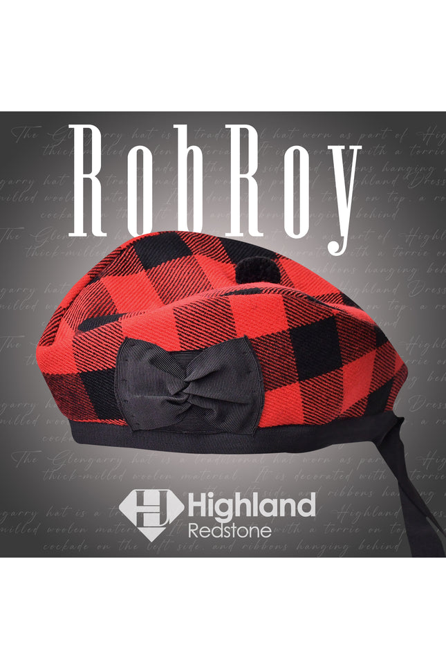 Rob Roy Glengarry hat featuring the iconic red and black Rob Roy tartan pattern