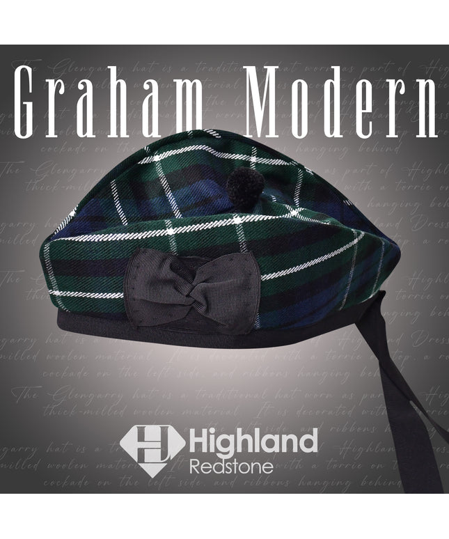 Graham Modern Glengarry featuring the blue and green tartan pattern of the Graham Clan, crafted from high-quality fabric.