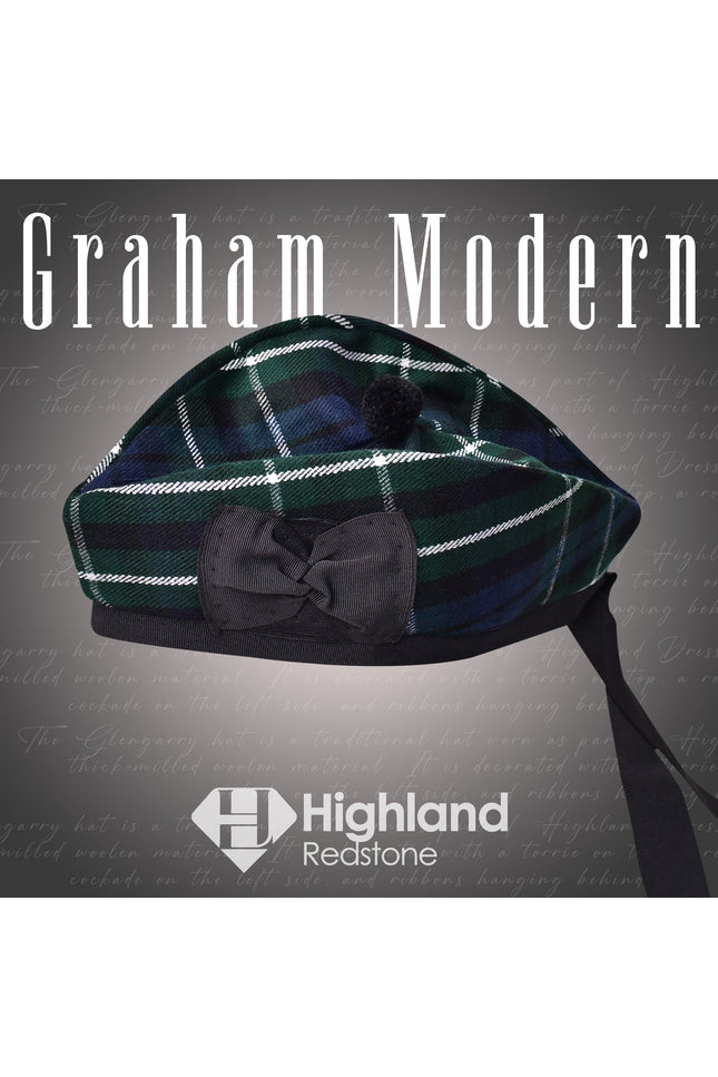 Graham Modern Glengarry featuring the blue and green tartan pattern of the Graham Clan, crafted from high-quality fabric.