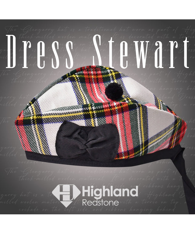 Dress Stewart Tartan Glengarry featuring the iconic red, white, and blue pattern of the Stewart Clan, made from high-quality materials.