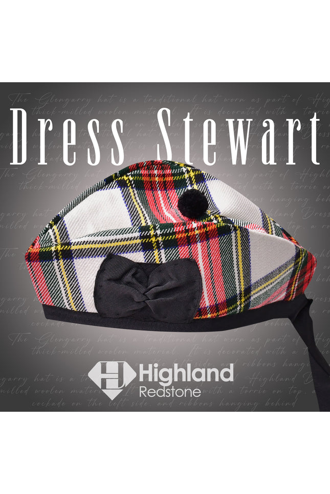 Dress Stewart Tartan Glengarry featuring the iconic red, white, and blue pattern of the Stewart Clan, made from high-quality materials.