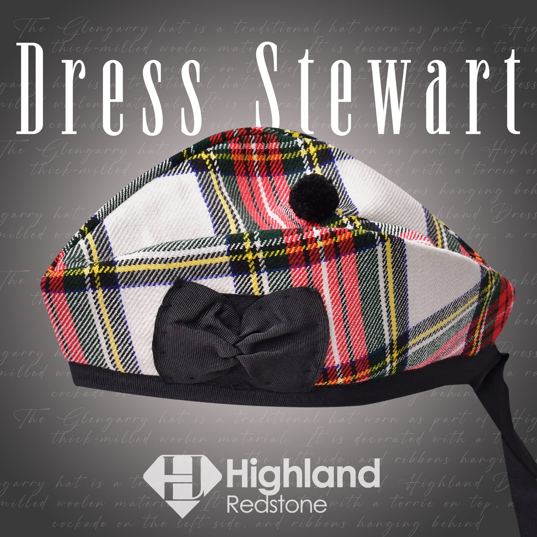 Dress Stewart Tartan Glengarry featuring the iconic red, white, and blue pattern of the Stewart Clan, made from high-quality materials.