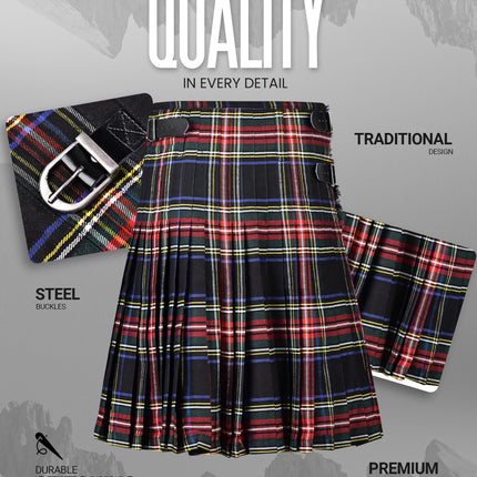 Kilt for Men I Black Stewart Tartan Kilt Polyviscose 8 Yard Traditional Men Kilt