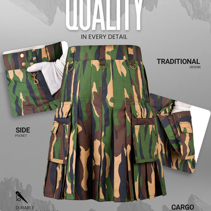 Camouflage Utility Kilt For Men - Rugged Ripstop Cotton tactical men kilt with brass hardware