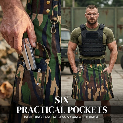 StoneGringe Men’s Camouflage Utility Kilt  - Rugged Ripstop Cotton tactical men kilt with brass hardware