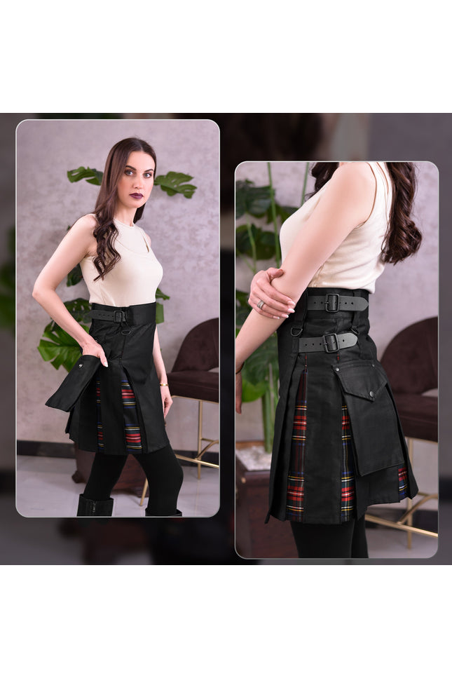 Women's Hybrid Utility Kilt in Black Stewart Tartan