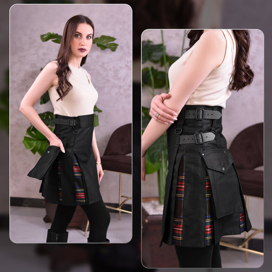 Women's Hybrid Utility Kilt in Black Stewart Tartan