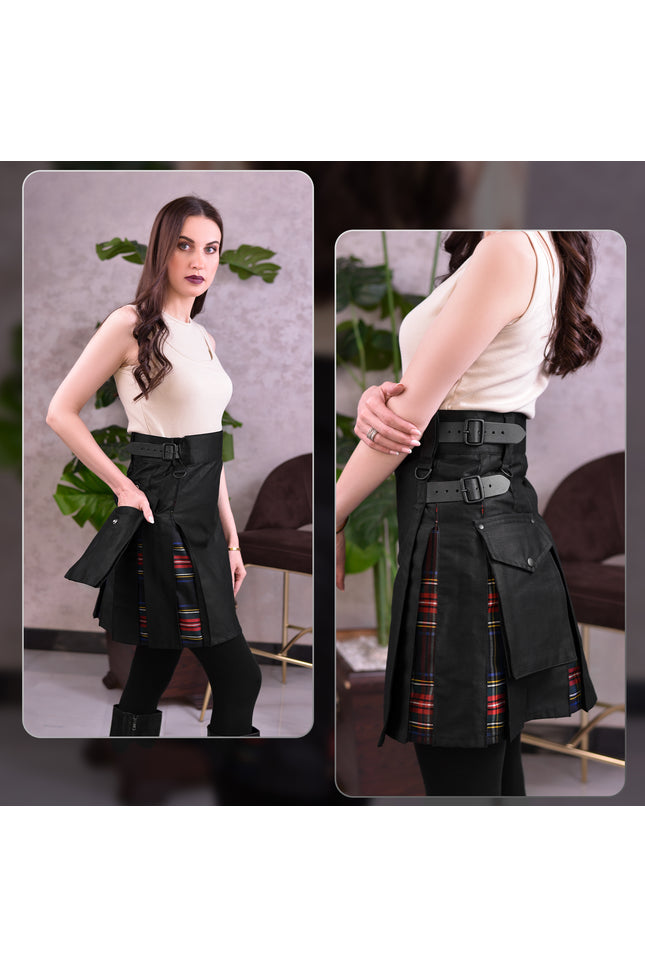 Women's Hybrid Utility Kilt in Black Stewart Tartan