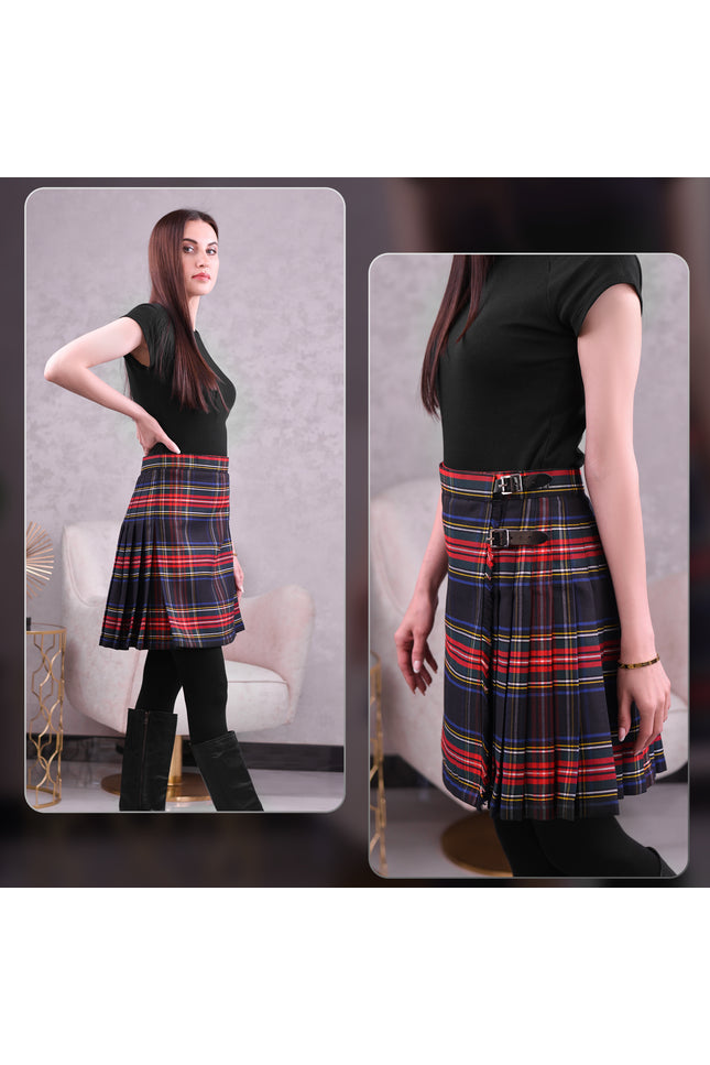 Woman Plaid Kilt - Black Stewart Tartan Kilt - Premium Quality & Timeless Style