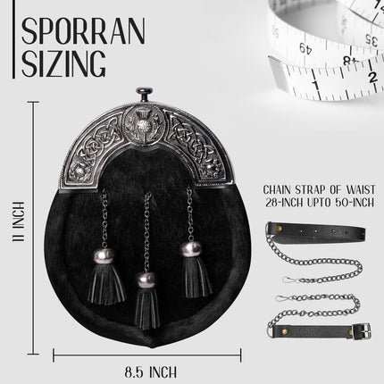 Premium Quality Scottish Black Bovine Sporran with chain belt