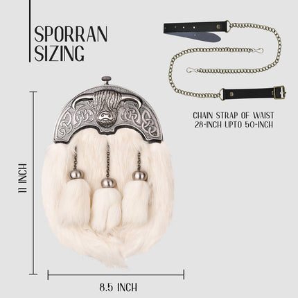 White Rabbit Fur Sporran with Highland Cow Antique Finish Cantle