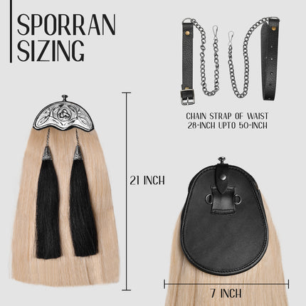 Full Dress Horse Hair Sporran with intricate Celtic Design Chrome Cantle, showcasing premium craftsmanship and luxurious materials.