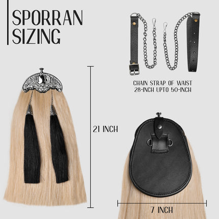 Full Dress Horse Hair Sporran with black horse hair tassels - Traditional Scottish formal accessory