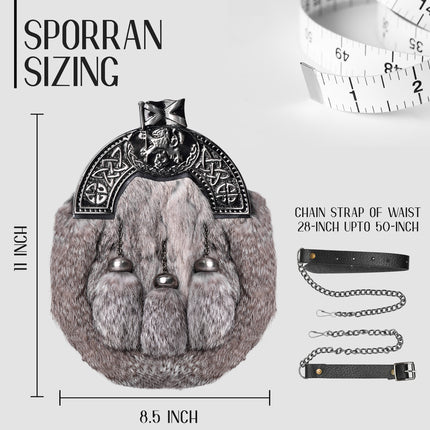 Grey Rabbit Fur Sporran Antique Cantle featuring genuine rabbit fur and an antique cantle design, perfect for formal Scottish dress.