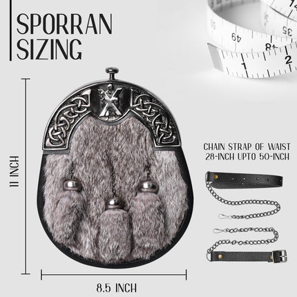 Grey Rabbit Fur Sporran Antique Cantle featuring genuine rabbit fur and an antique cantle design, perfect for formal Scottish dress.